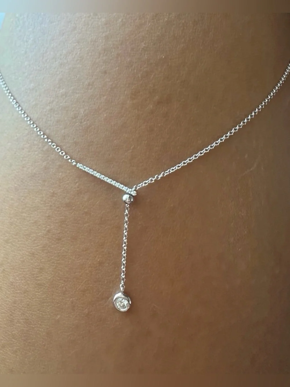 Adjustable 14K White Gold 0.12ctw Natural Diamond Bar Lariat Y Necklace 18”